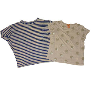Lot of 2 Joe Fresh Tops, Sz L, Blue White Oversized Beige Polka Dot Mesh Sequin